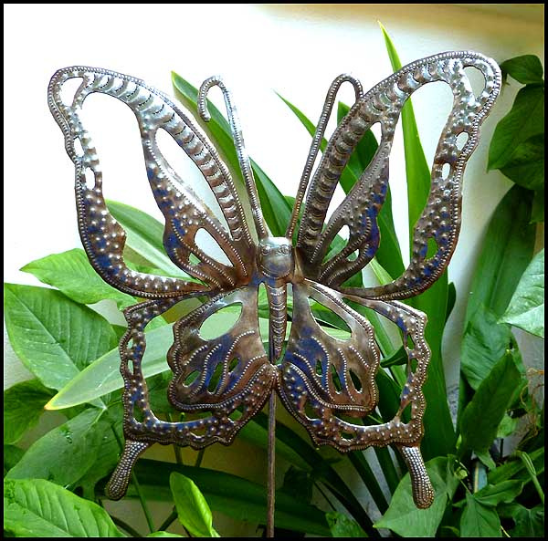 Butterfly Garden Metal Plant Stick - Metal Garden Art Plant Stake - Haitian Steel Drum Art - 13" x 1